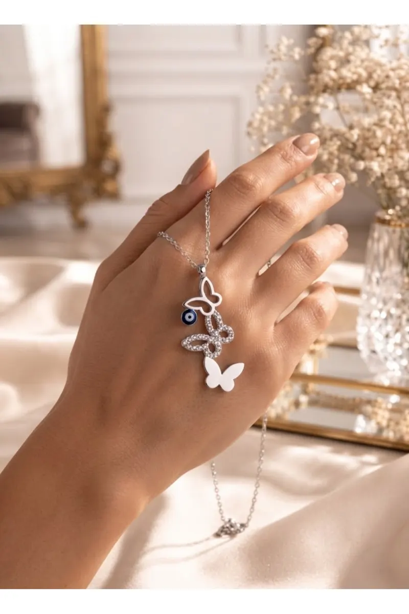 Gümüş Renk Üç Kelebek Model Nazar Boncuklu Zirkon Taşlı Çelik Kolye