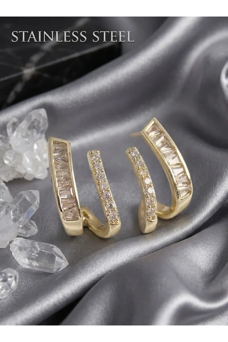 Pirinç Gold Renk Zirkon Taşlı Küpe