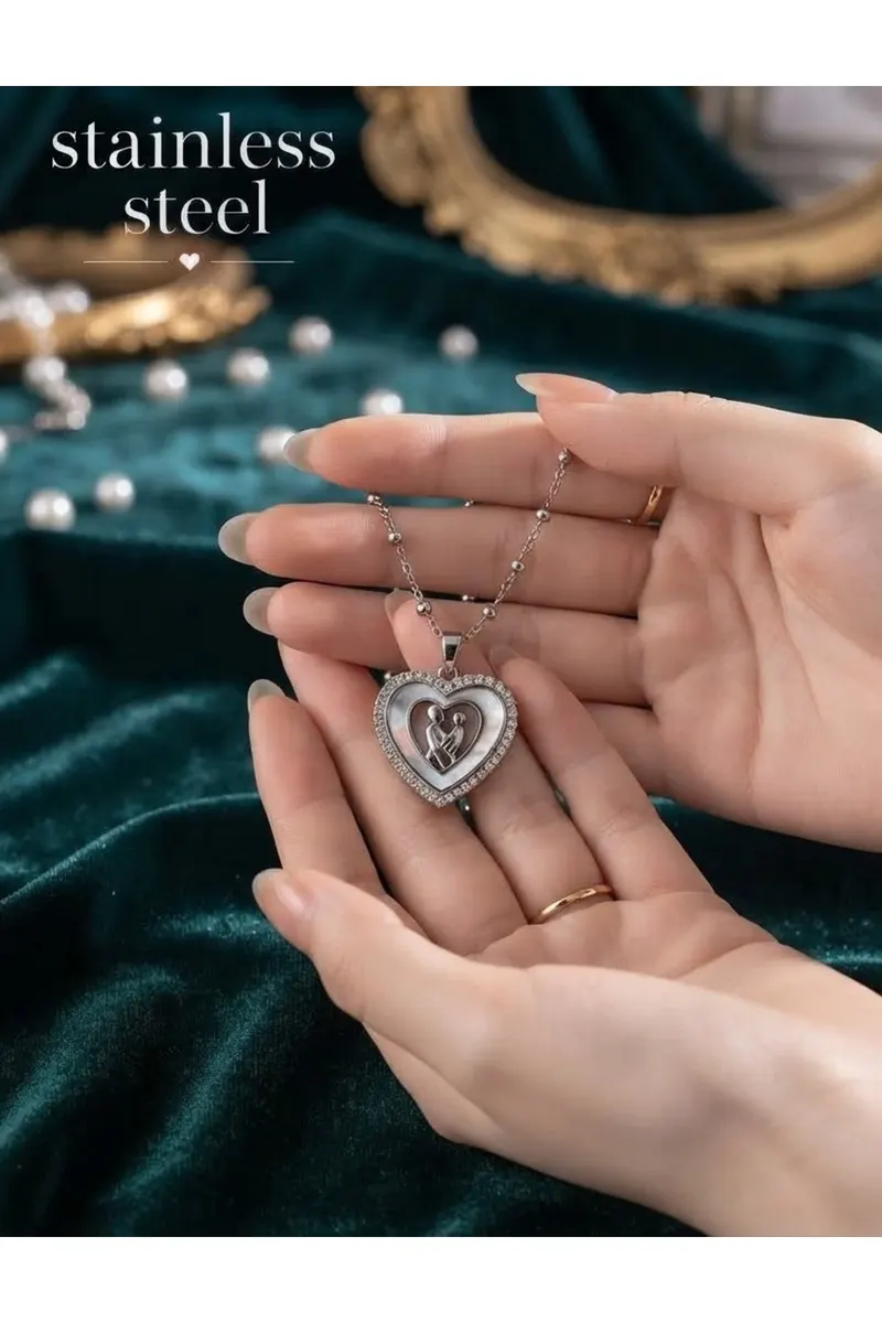 Gümüş Renk Anne Kız Kalp Model Çelik Kolye