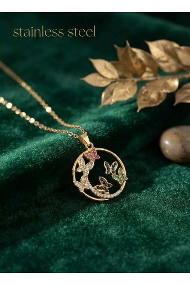 316L Çelik Zincir Gold Renk Zirkon Taşlı Renkli Kelebekli Kolye