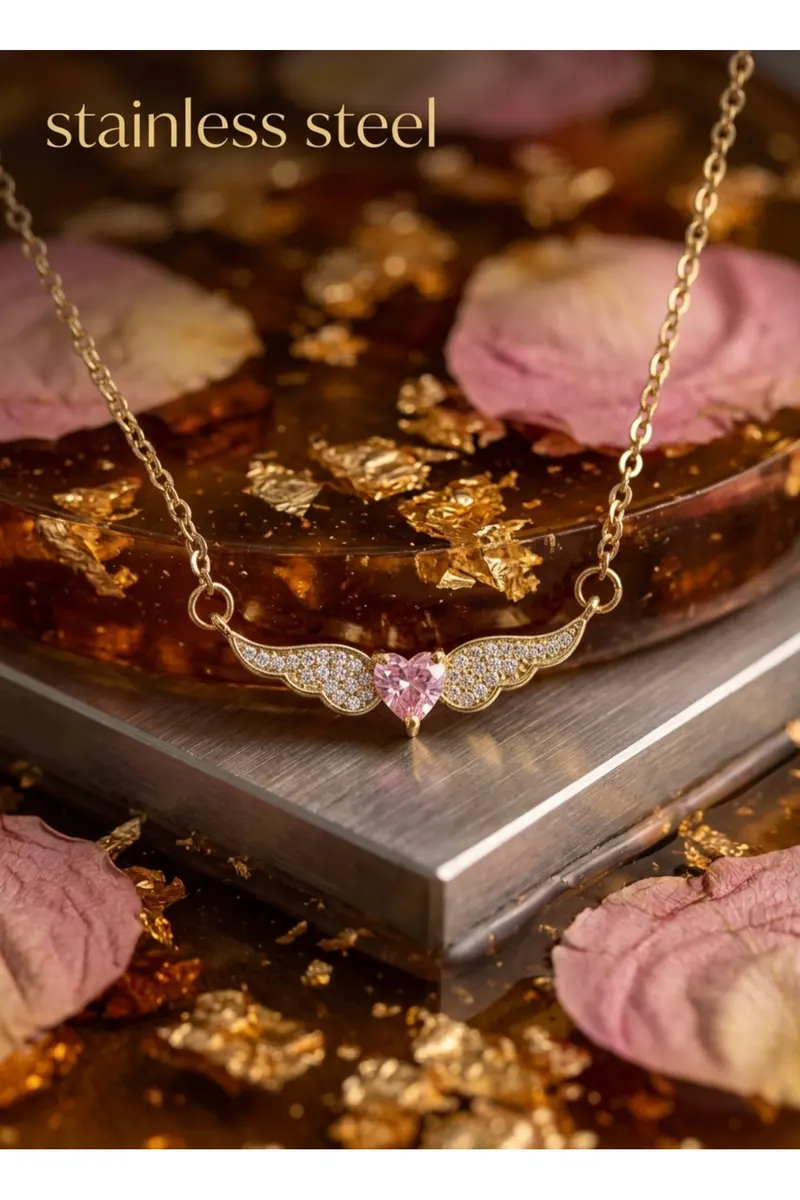 316L Çelik Zincir Gold Renk Kanatlı Pembe Kalp Model Kolye