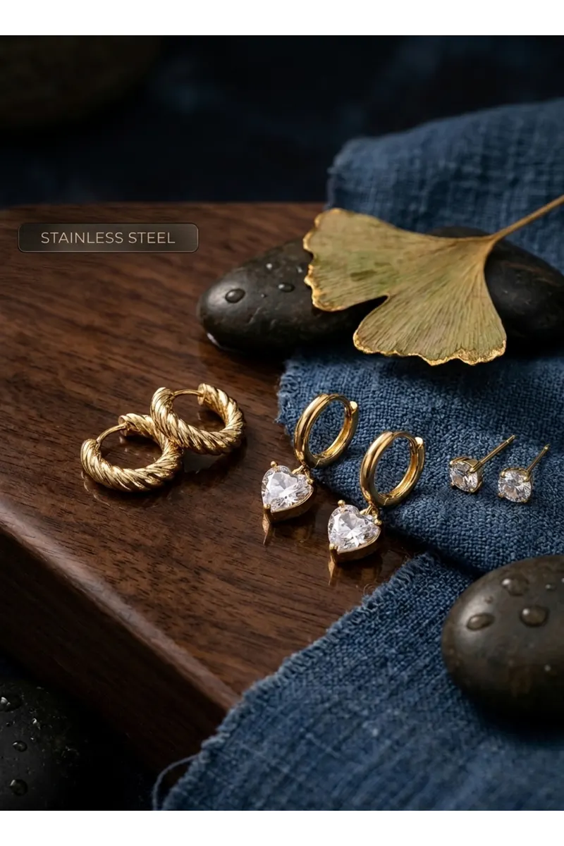 316L Çelik Gold Renk Kalp Detaylı Küpe Set