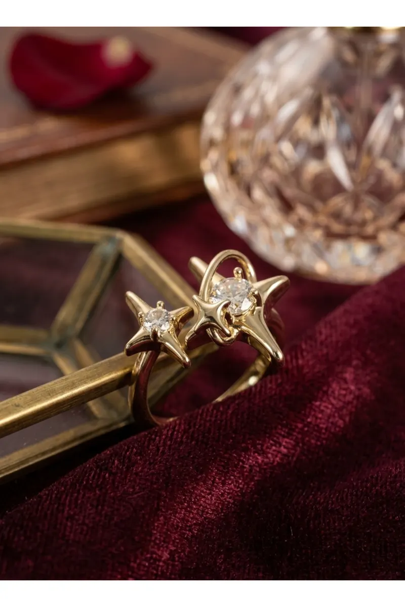 Gold Renk Kutup Yıldızı Model Zirkon Taşlı Ayarlanabilir Çelik Yüzük