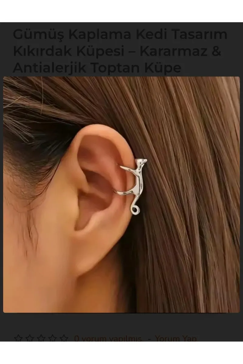 Gümüş Kaplama Kedi Tasarım Kararmaz Antialerjik Kıkırdak Çelik Küpe