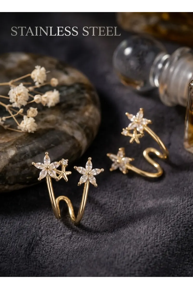 Pirinç Gold Renk Zirkon Taşlı Çiçek Motif Küpe