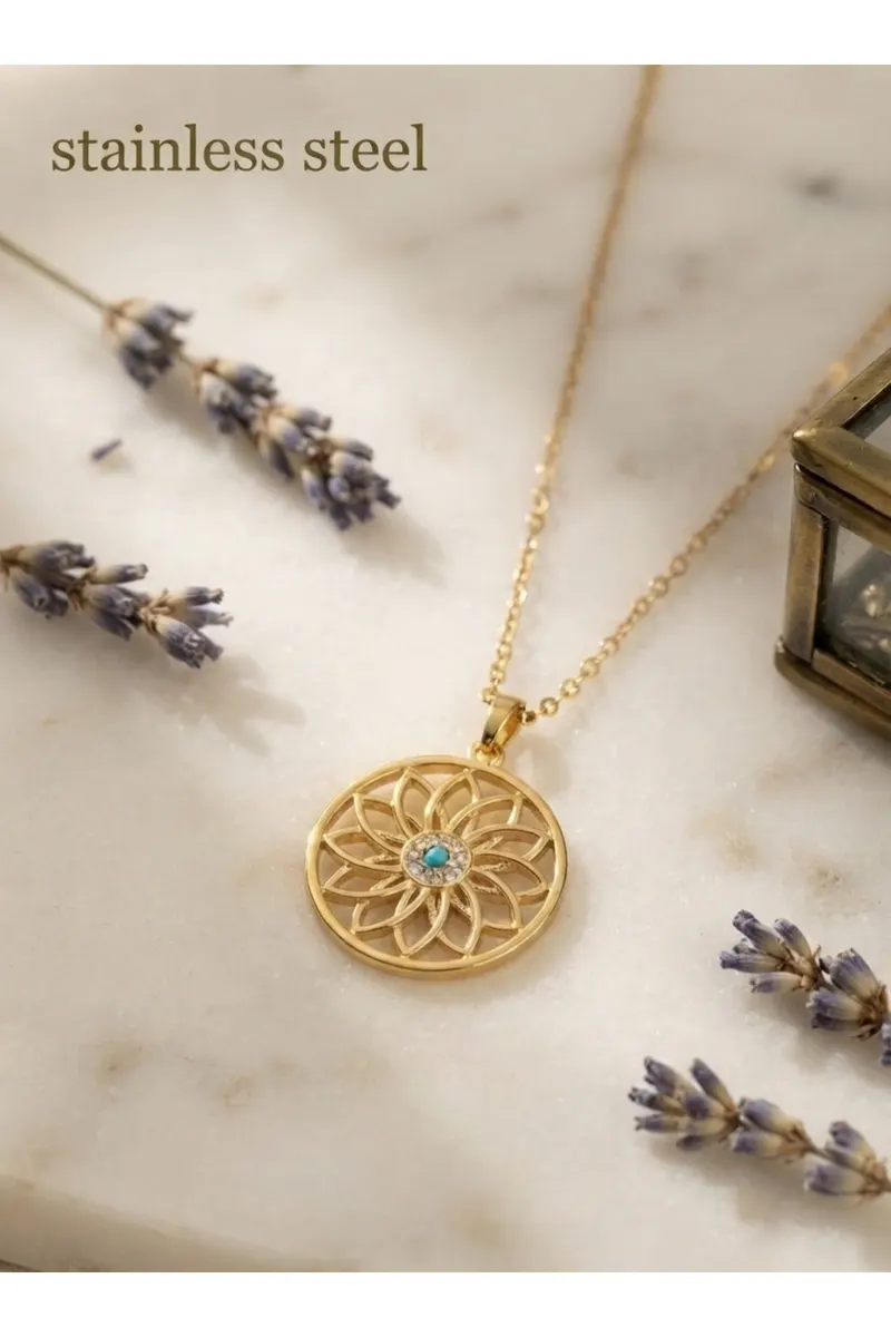 316L Çelik Zincir Gold Renk Zincir Mavi Taşlı Lotus Model Kolye