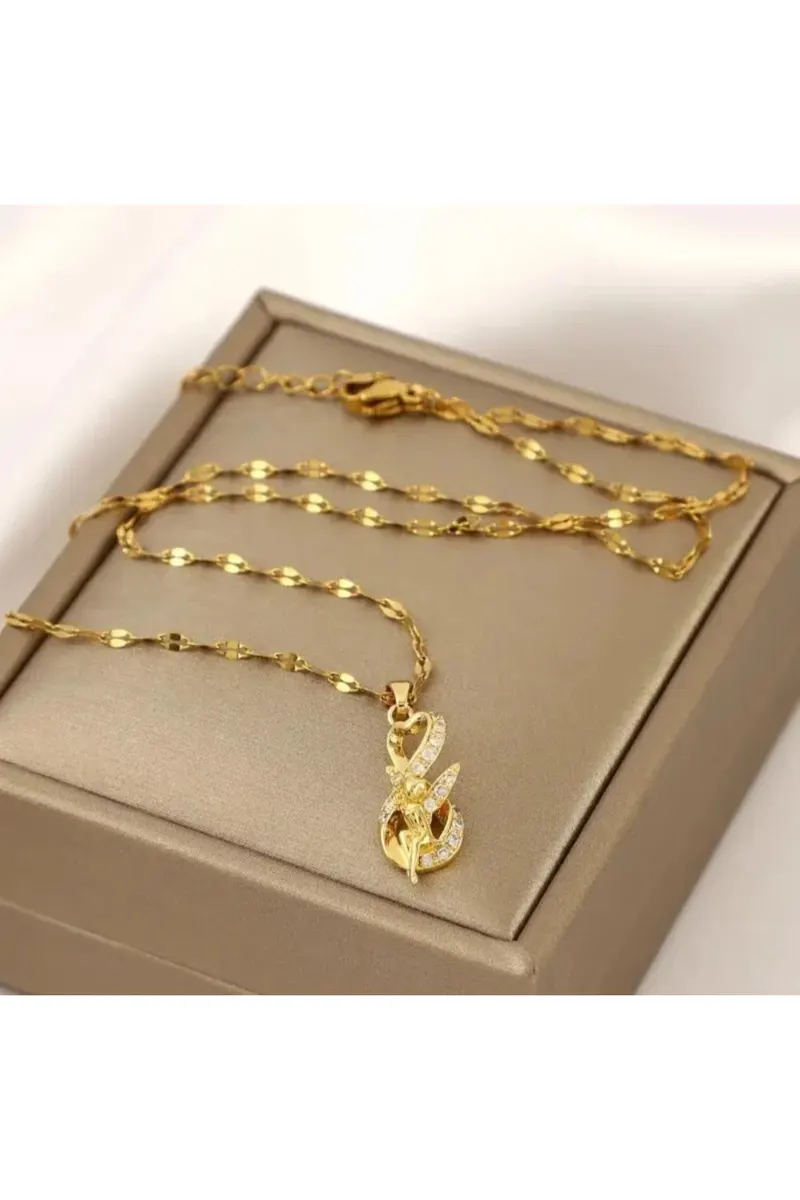 Vip Gold Renk 14k Altın Kaplama Melek Elfi Sonsuzluk Perisi Model Çelik Kolye