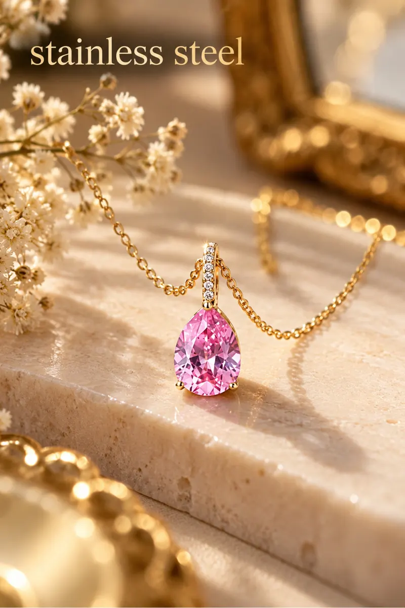 Gold Renk Sıra Taşlı Pembe Damla Modellli Çelik Kolye