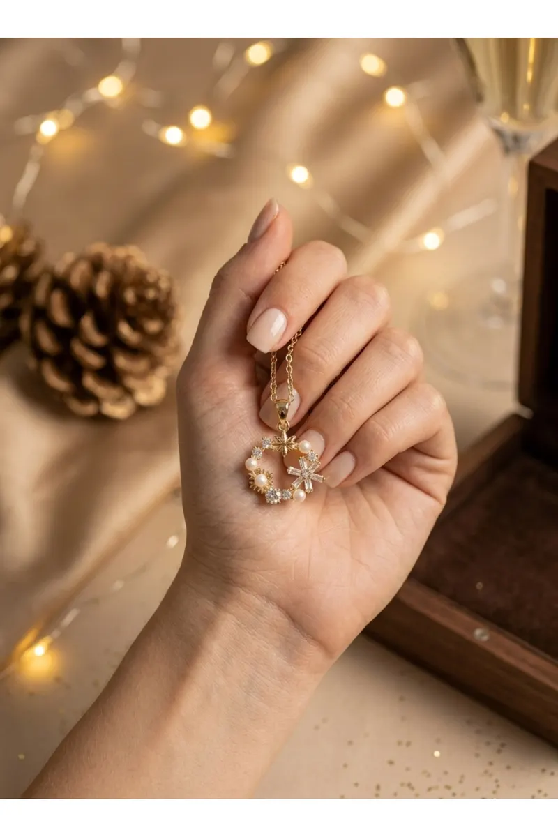 316L Çelik Zincir Gold Renk İncili Çiçek Model Kolye