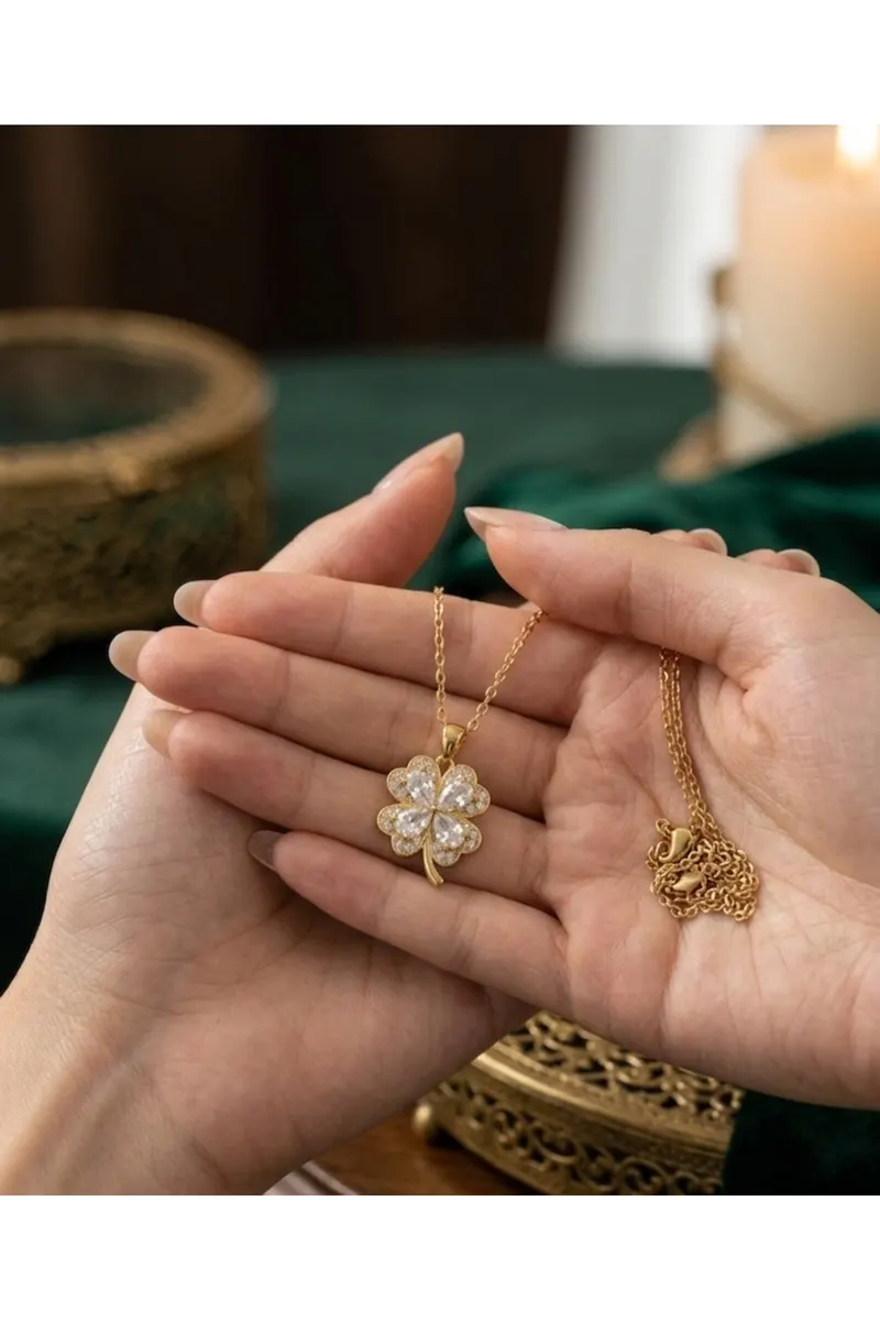 316L Çelik Gold Renk 4 Yapraklı Yonca Model Çelik Kolye