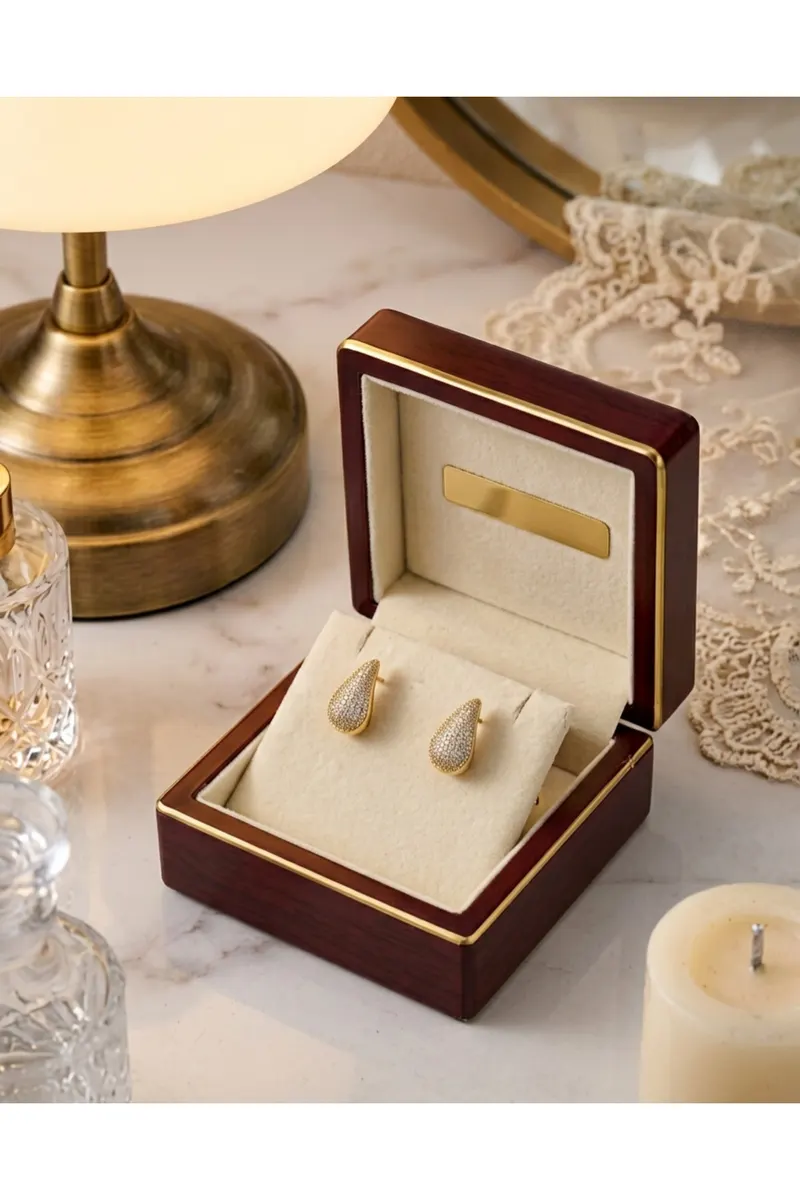 316L Çelik Gold Renk Zirkon Taşlı Damla Model Küpe