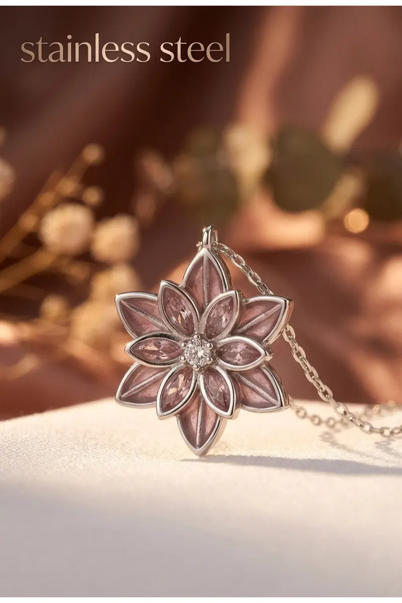 Gümüş Renk Pembe Lotus Çiçeği Çelik Kolye