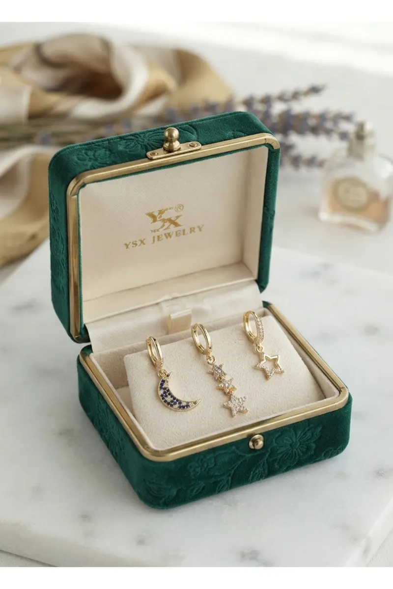 Pirinç Gold Renk Zirkon Taşlı Ay ve Yıldız Model Ysx Trio Küpe Set