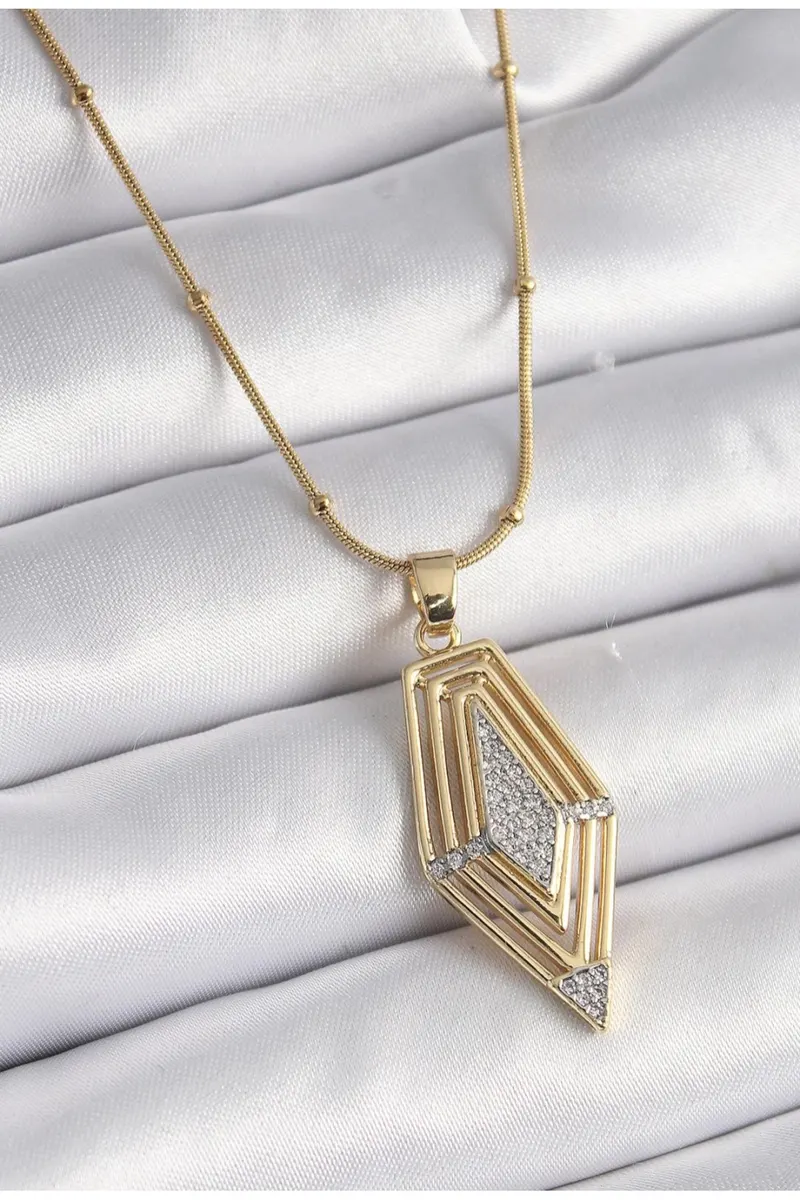 316L Gold Renk Çelik Zincir Zirkon Taşlı Vintage Model Kolye