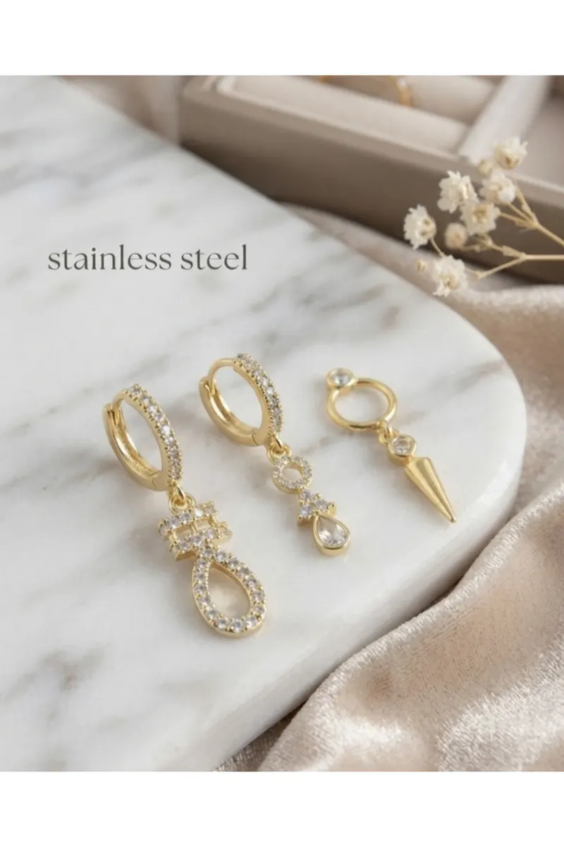 Pirinç Zirkon Taşlı Sallantılı Model Gold Renk 3'lü Küpe Set