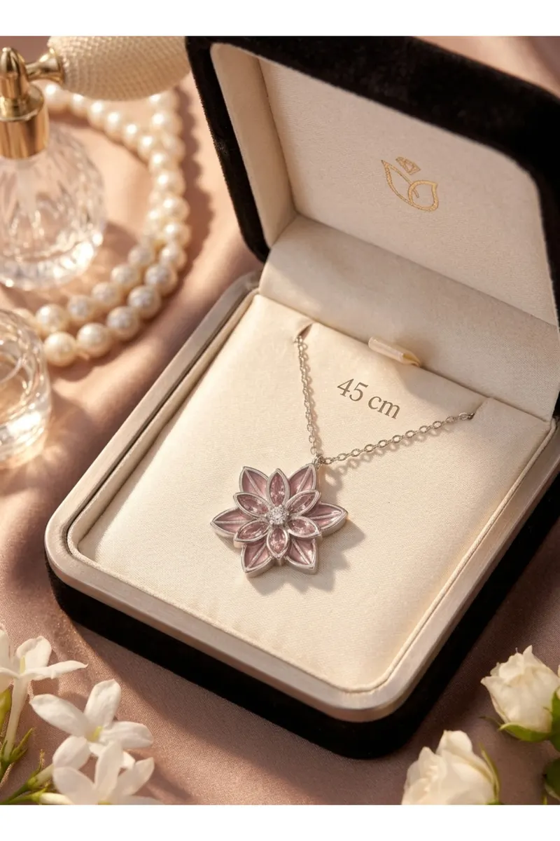 Gümüş Renk Pembe Lotus Çiçeği Çelik Kolye