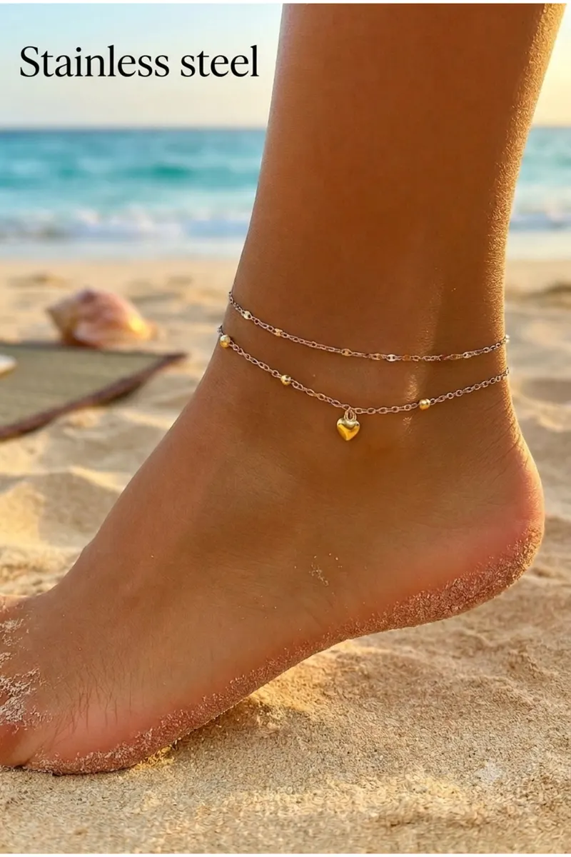Gold Renk Nazar Göz Kalp Model Singapur ve Top Zincir Çelik Halhal