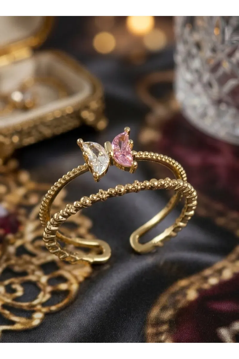 Pirinç Kelebek Figürlü Zirkon Taşlı Gold Renk Ayarlanabilir Yüzük
