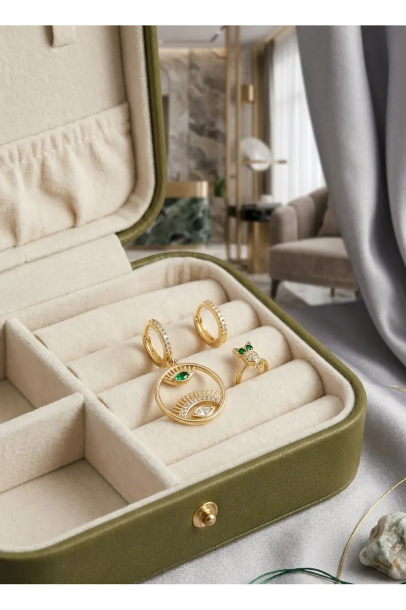 Pirinç Zirkon Taşlı Göz ve Baykuş Model Gold Renk 3'lü Küpe Set