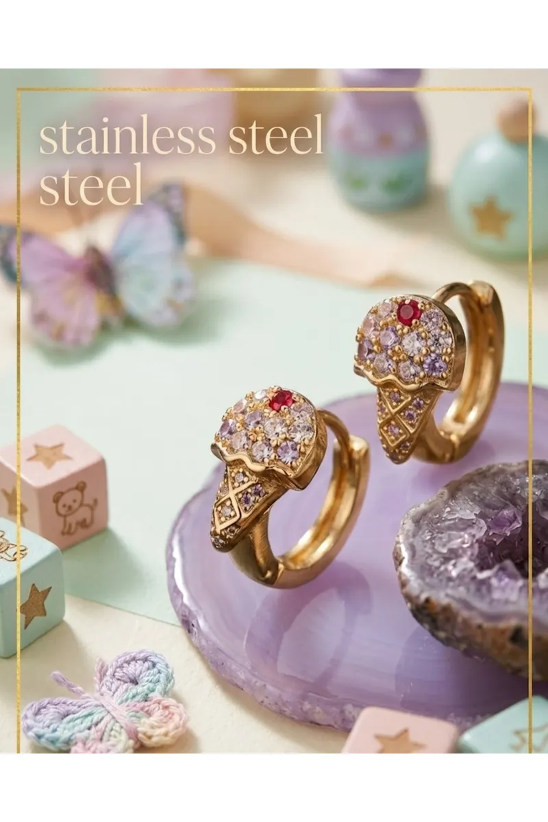 Pirinç Zirkon Taşlı Dondurma Model Gold Renk Çocuk Küpe