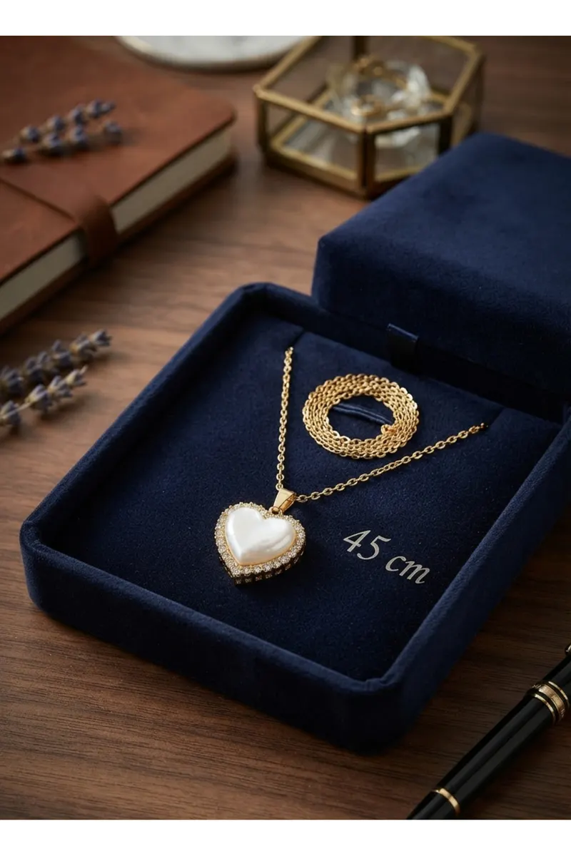316L Zincir Gold Renk İncili Gold Renk Zirkon Taşlı Kolye