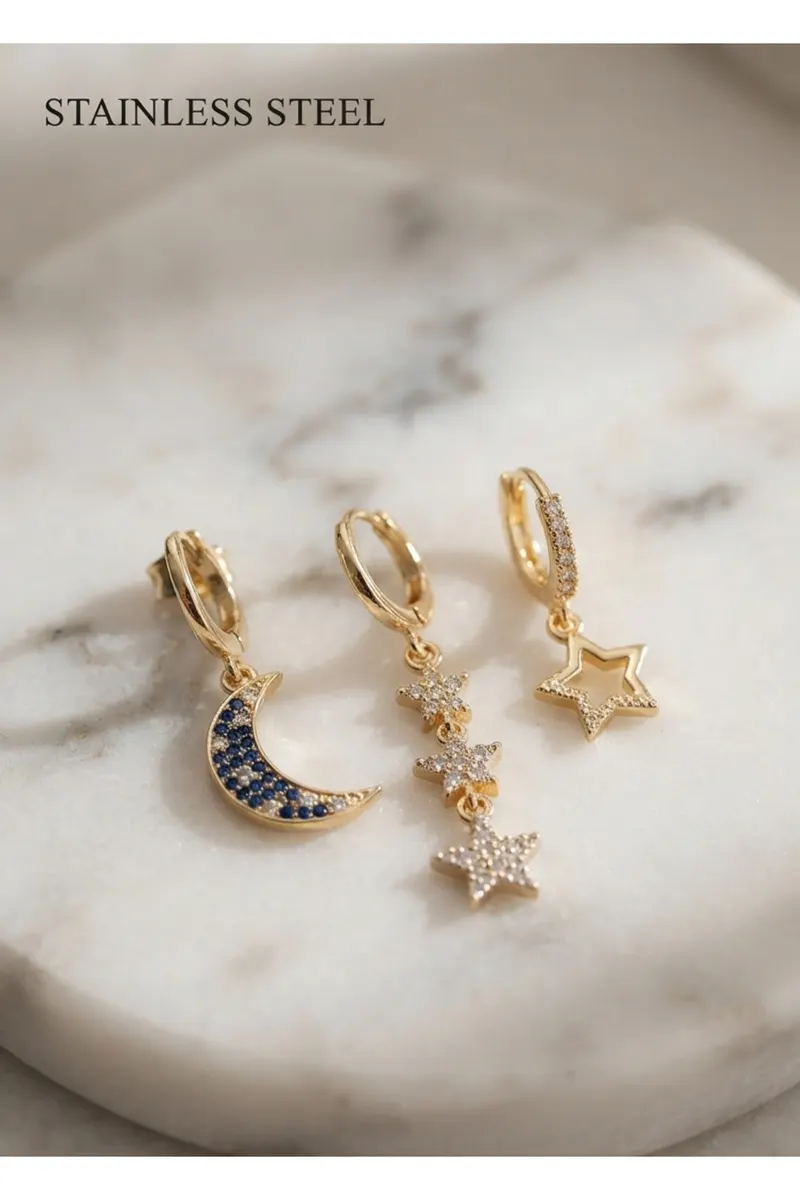 Pirinç Gold Renk Zirkon Taşlı Ay ve Yıldız Model Ysx Trio Küpe Set