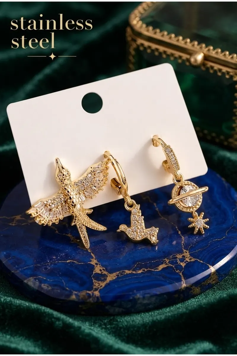 Pirinç Gold Renk Zirkon Taşlı Kuş Model 3'lü Küpe Set