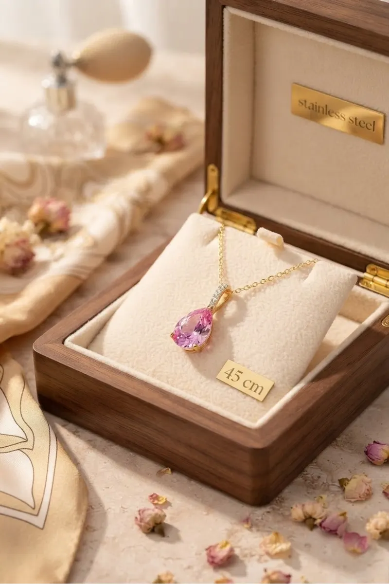 Gold Renk Sıra Taşlı Pembe Damla Modellli Çelik Kolye