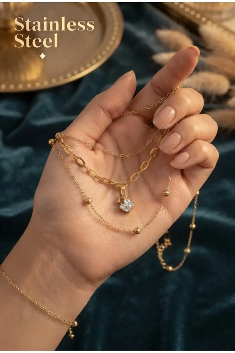 Pirinç Gold Renk Kuğu Detaylı Kombin Çelik Kolye