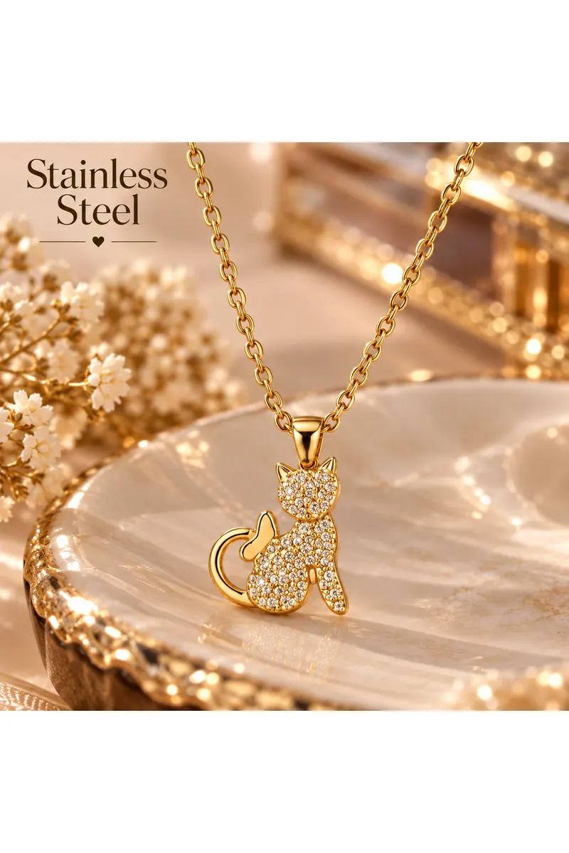 Gold Renk Zirkon Taşlı Kedi Figürlü Çelik Kolye
