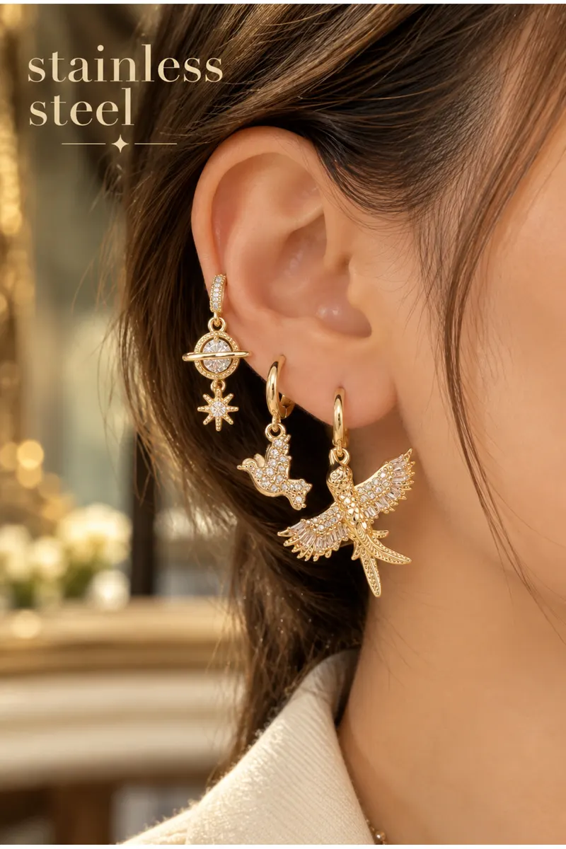 Pirinç Gold Renk Zirkon Taşlı Kuş Model 3'lü Küpe Set