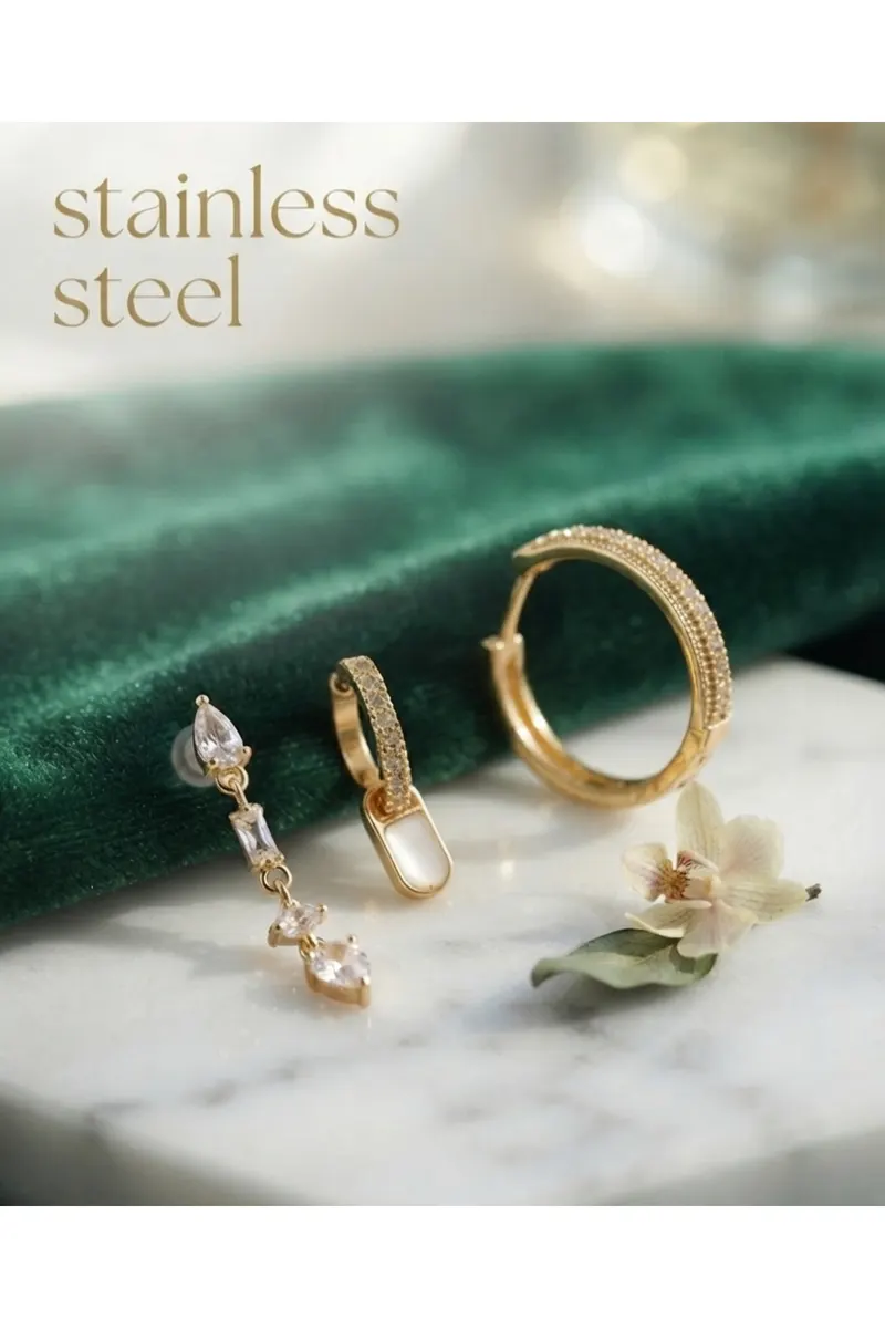Pirinç Gold Renk Zirkon Taşlı Sallantılı Model 3'lü Küpe Set