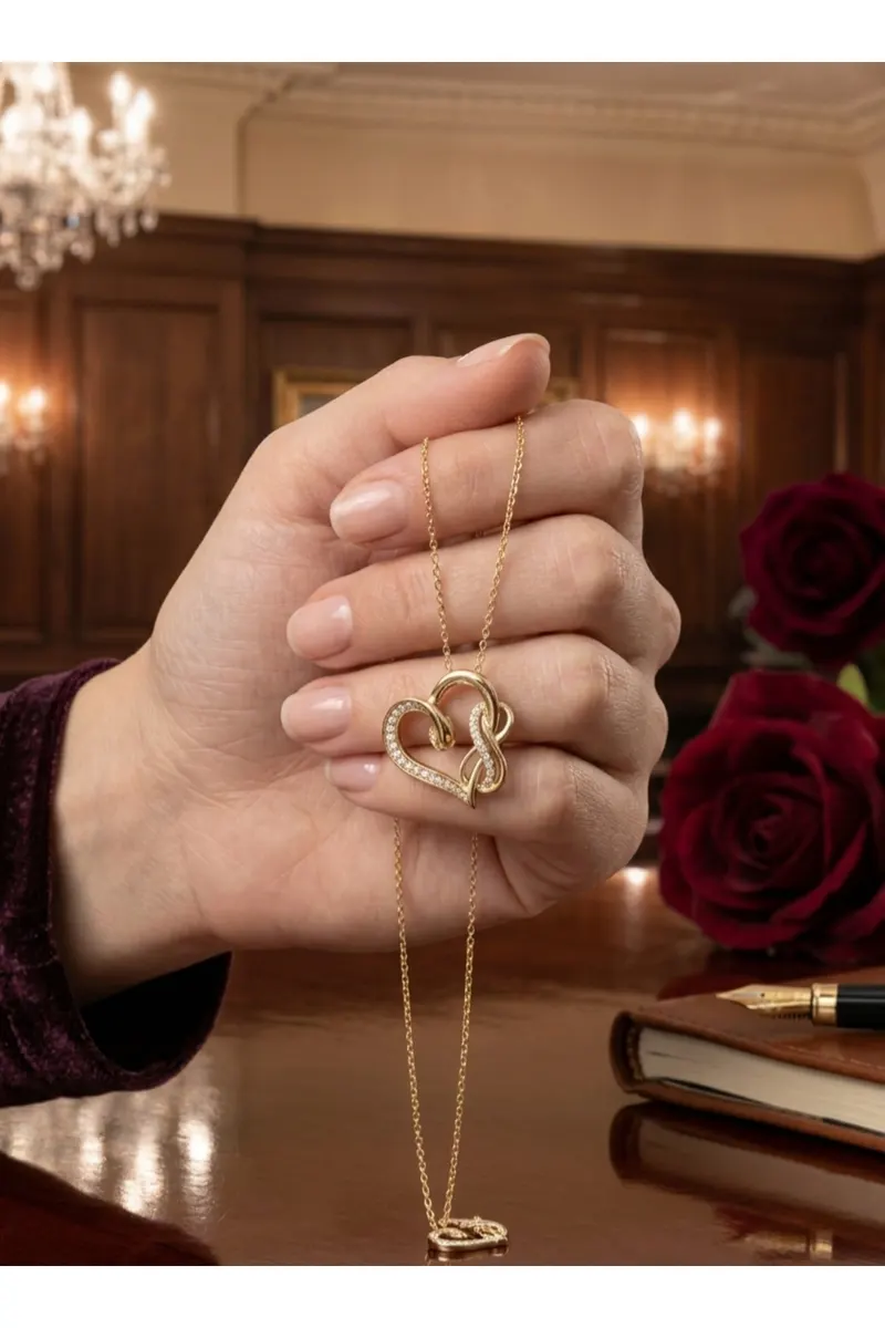316L Çelik Gold Renk Zincir Zirkon Taş Detaylı Kalp Model Sonsuzluk Detay Kolye
