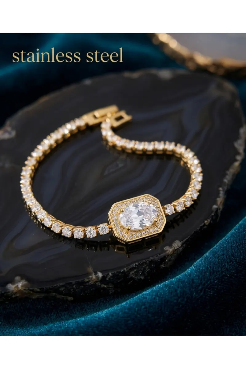 Gold Renk Zincirli Büyük Saydam Taş Modelli Çelik Bileklik