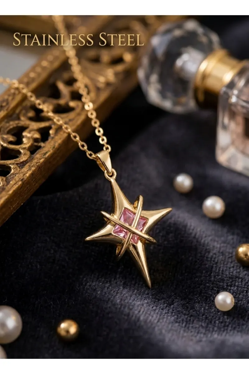 316L Çelik Gold Renk Zirkon Taşlı Kutup Yıldızı Model Kolye