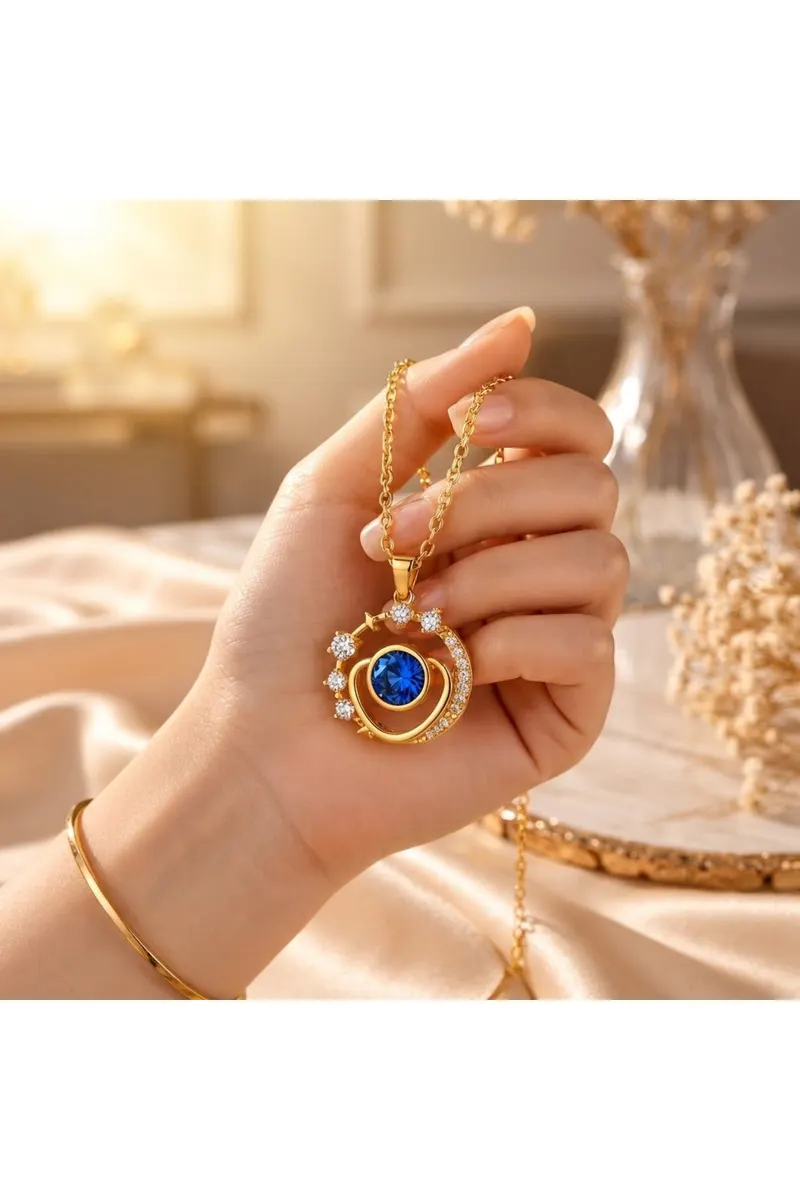 Gold Renk Zirkon Taşlı Yıldızlı Gezegen Tasarım Çelik Kolye