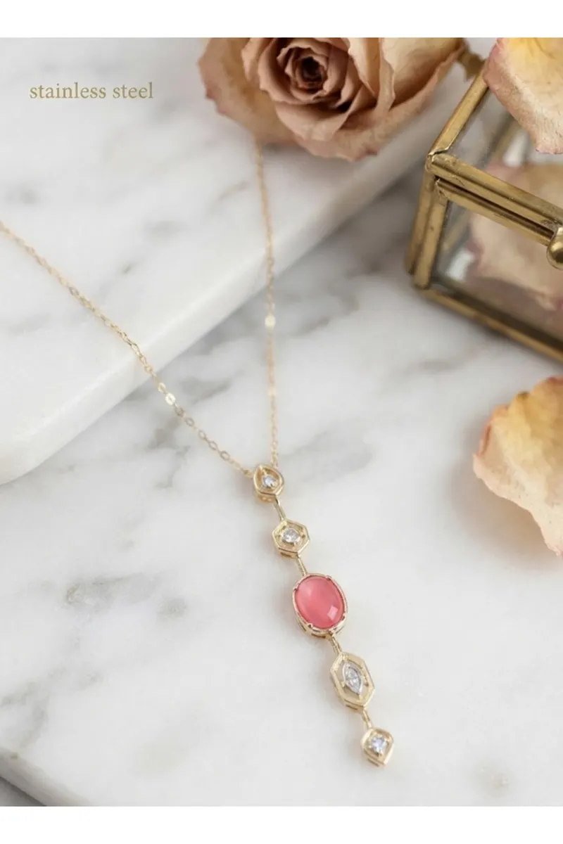 Pirinç Zincir Pembe Gold Renk Zirkon Taşlı Y Kolye