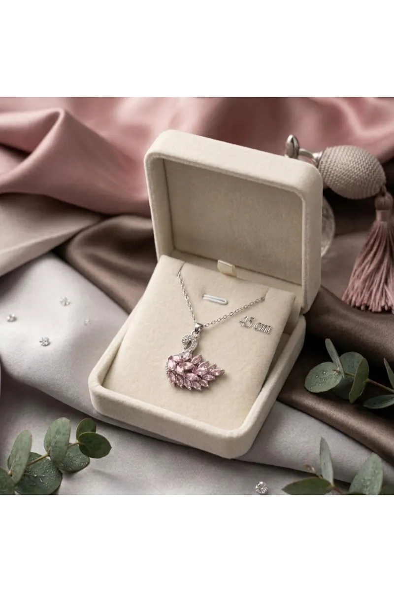 Gümüş Renk Pembe Zirkon Taşlı Kuğu Model Kararmaz Çelik Kolye
