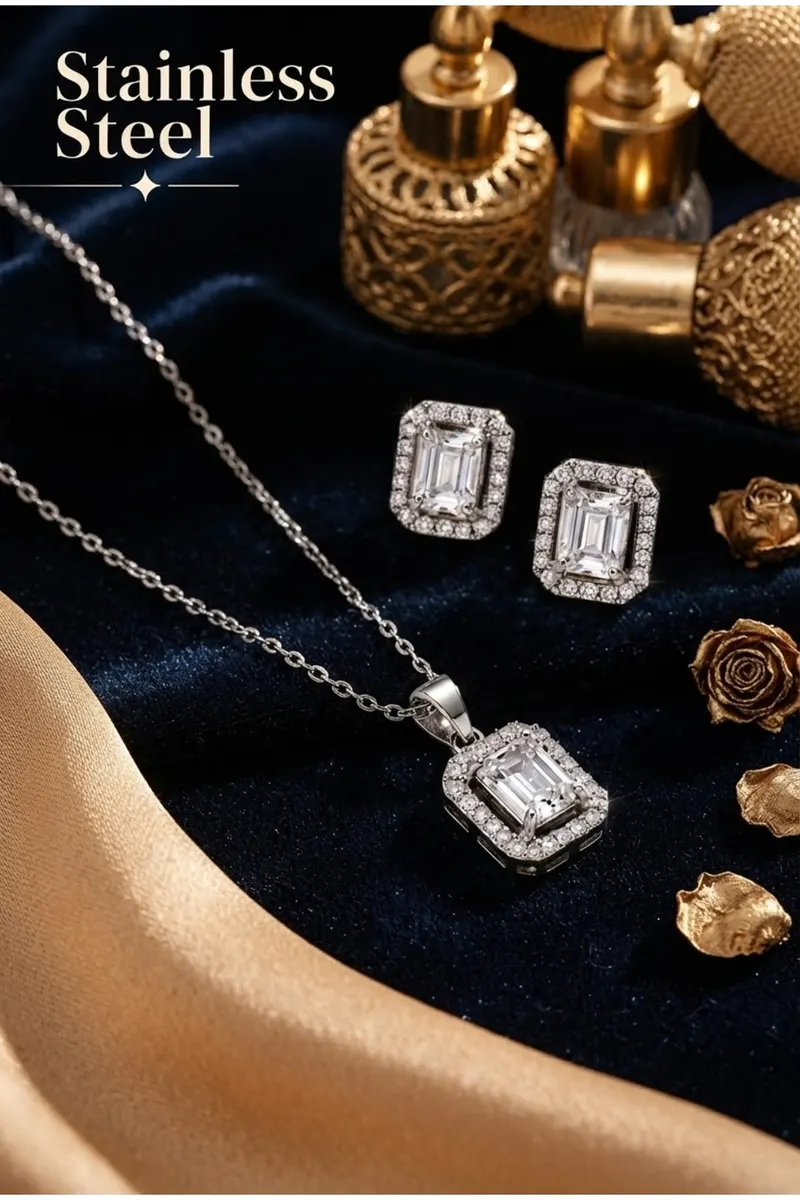 316L Çelik Zincir Gümüş Renk Zirkon Taşlı Kare Baget Model Kolye Küpe Set