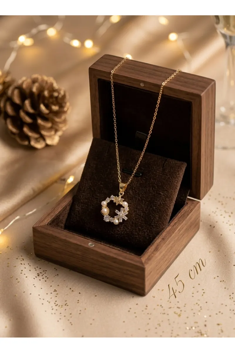 316L Çelik Zincir Gold Renk İncili Çiçek Model Kolye