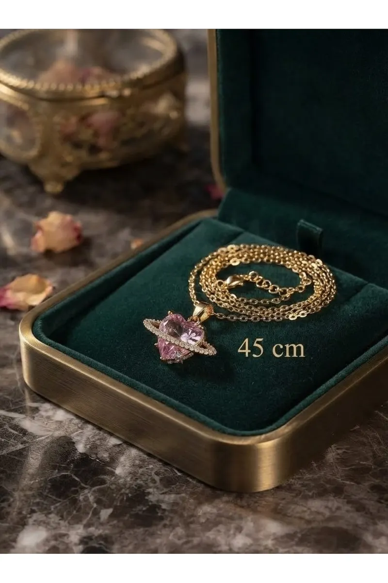 Gold Renk Zincirli Gül Pembe Kalp Motifli Çelik Kolye