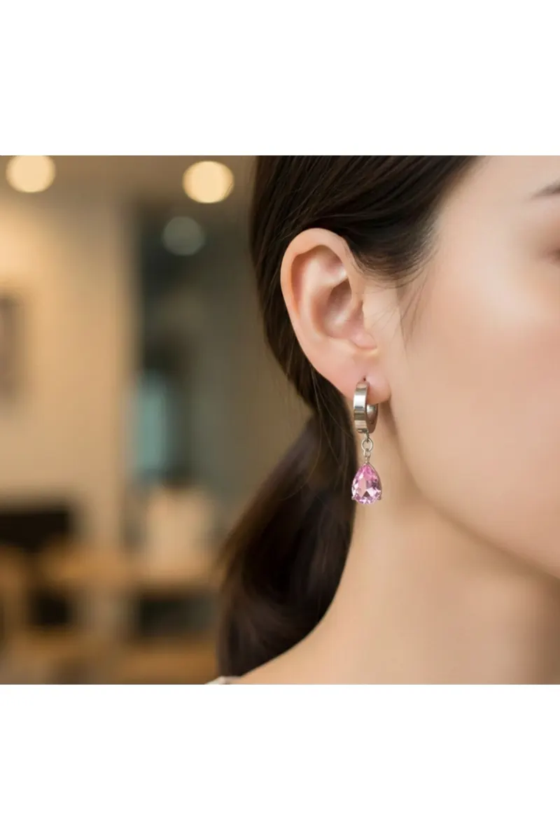 Pembe Gümüş Renk Damla Model Çelik Küpe