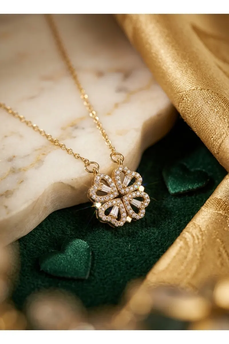 316L Çelik Zincir Gold Renk Açılır Zirkon Taşlı Yonca Model Kolye