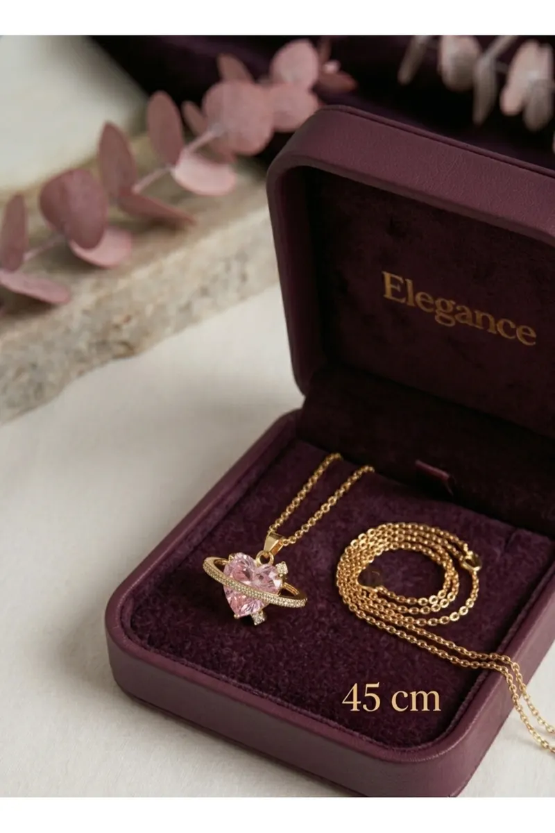 316L Çelik Gold Renk Zincir Pembe Kristal Kalp Model Zirkon Taş Detay Kolye