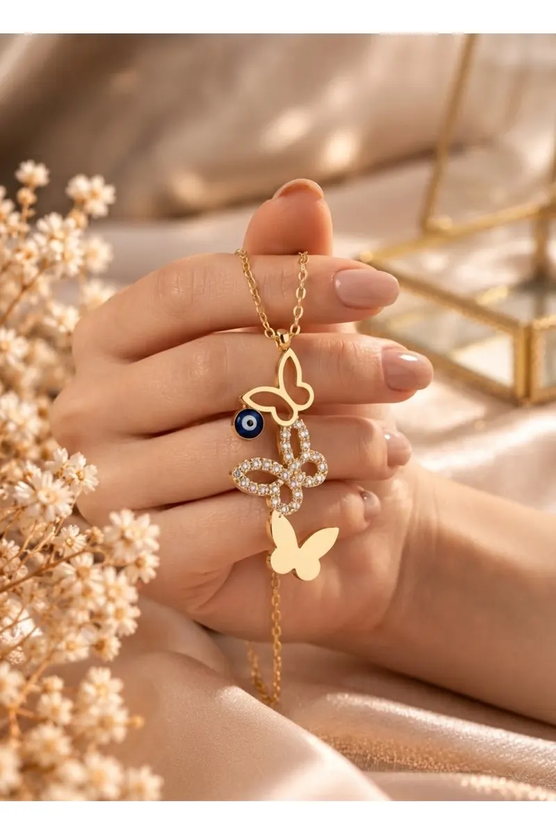 Gold Renk Üç Kelebek Model Nazar Boncuklu Zirkon Taşlı Çelik Kolye