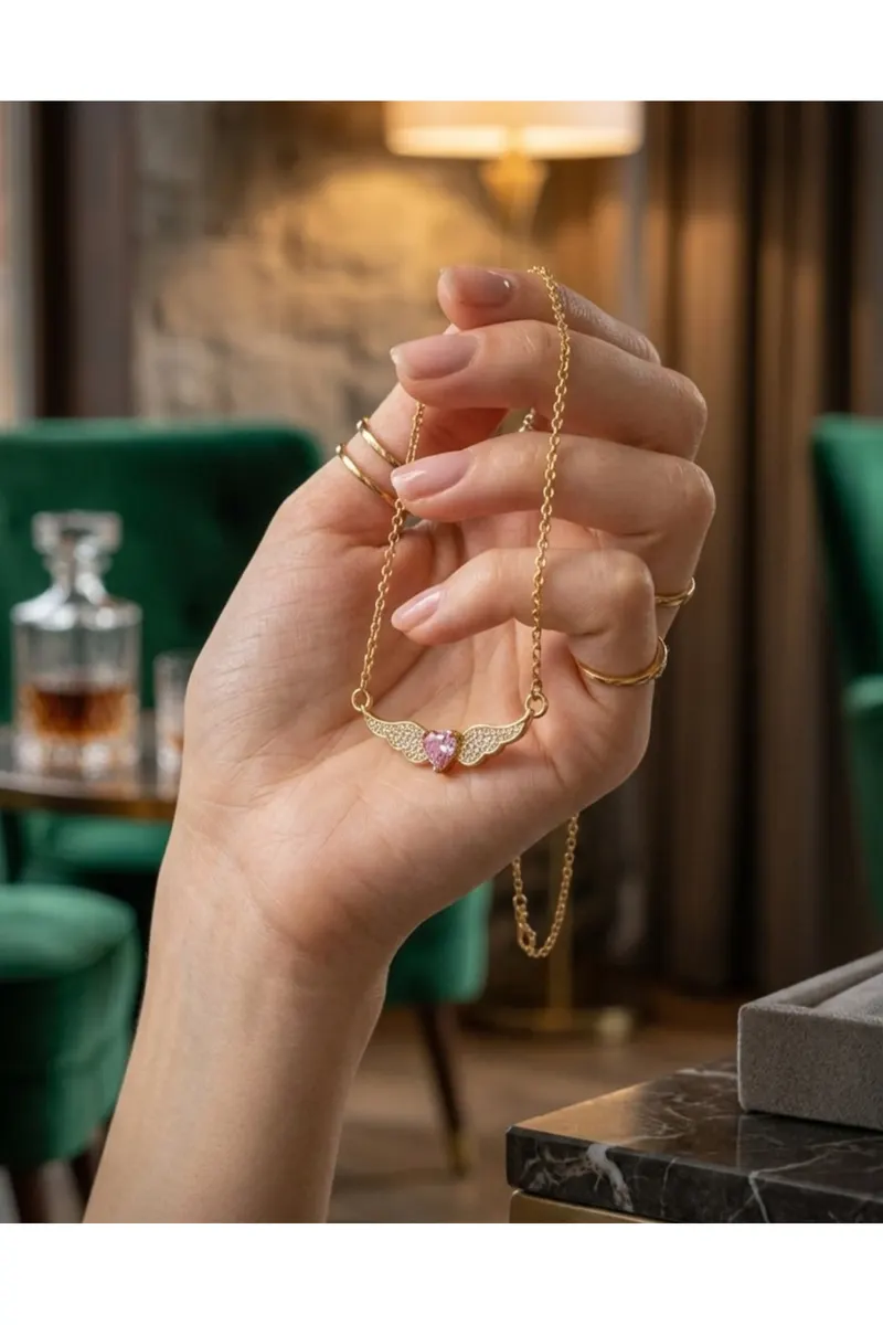 316L Çelik Zincir Gold Renk Kanatlı Pembe Kalp Model Kolye