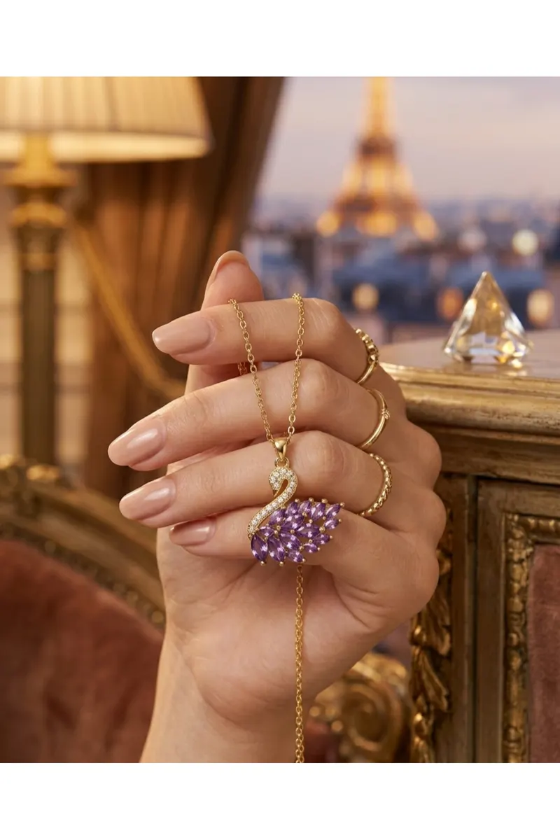 Gold Renk Beyaz Mor Zirkon Taşlı Kuğu Model Kararmaz Çelik Kolye