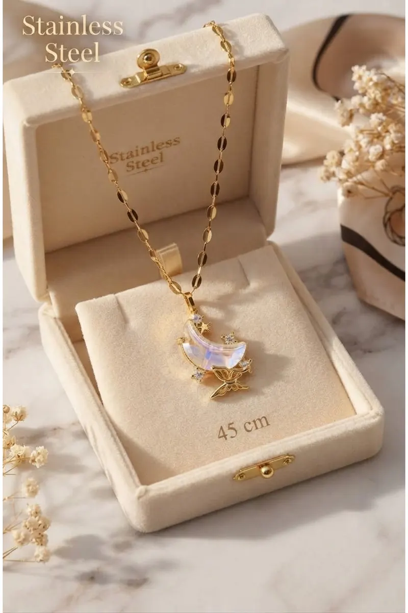 316L Çelik Gold Renk Kelebek Ay Hilal Model Kararmaz Kolye