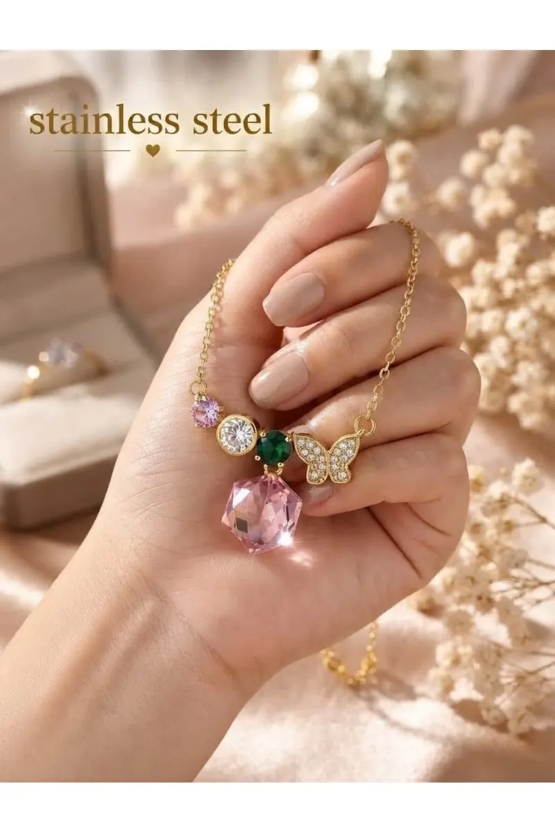 Gold Renk Zincirli Kelebek Pembe Taş Motifli Kolye