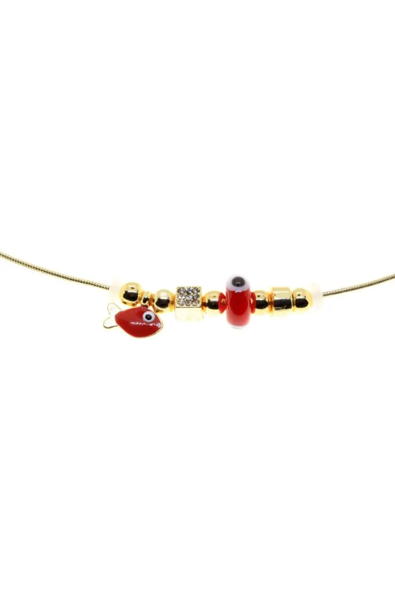 Gold Renk Kırmızı Mineli Balık Model Zirkon Çelik Kolye